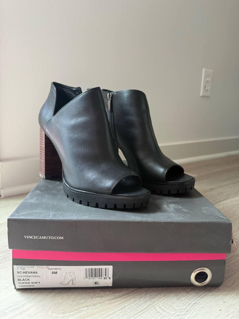 Vince Camuto Black Peep-Toe Lug Sole Booties with Stacked Heel